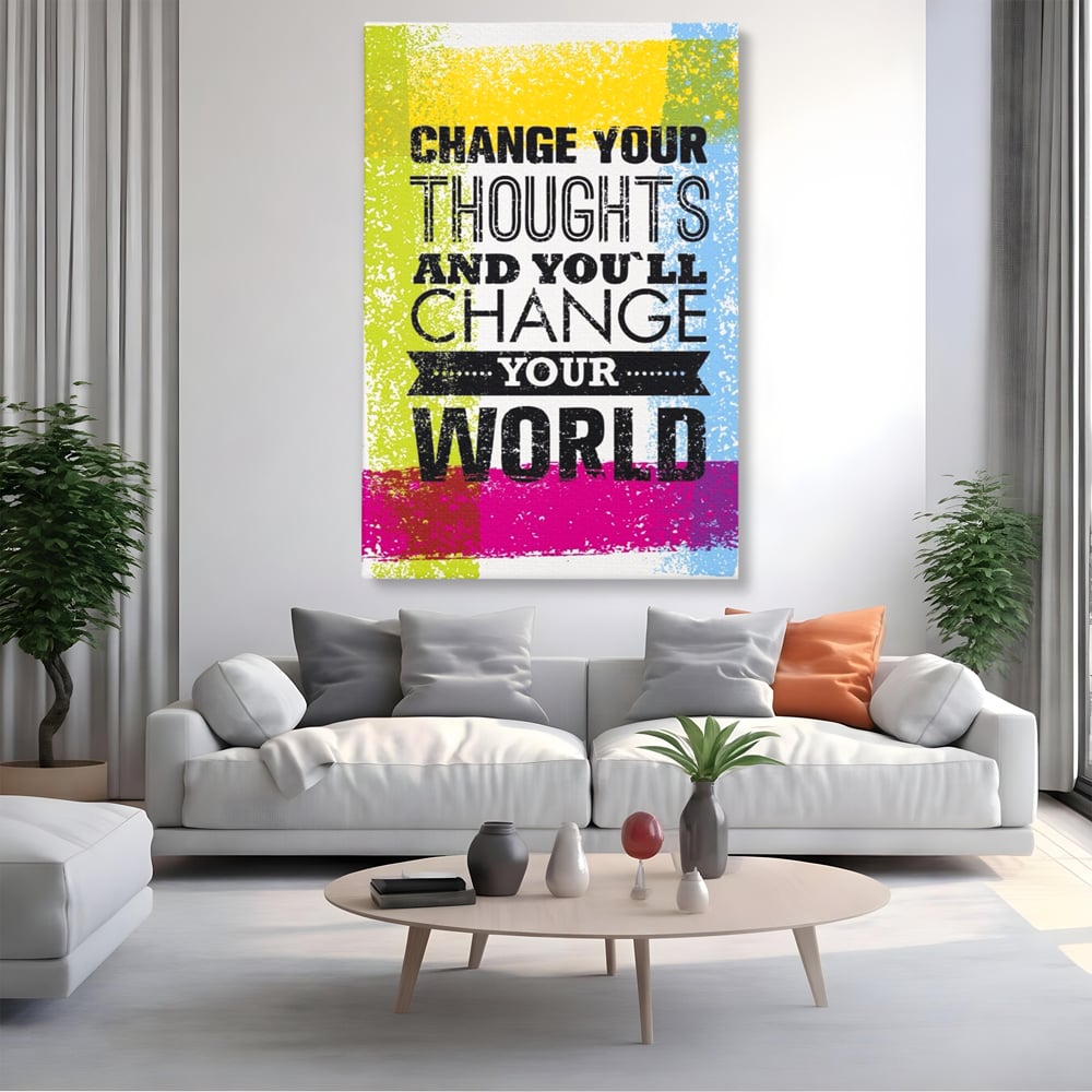 Tablou canvas cu tablou canvas cu mesaj motivational colorat, fara rama, pe sasiu de lemn, pe perete intr-un living